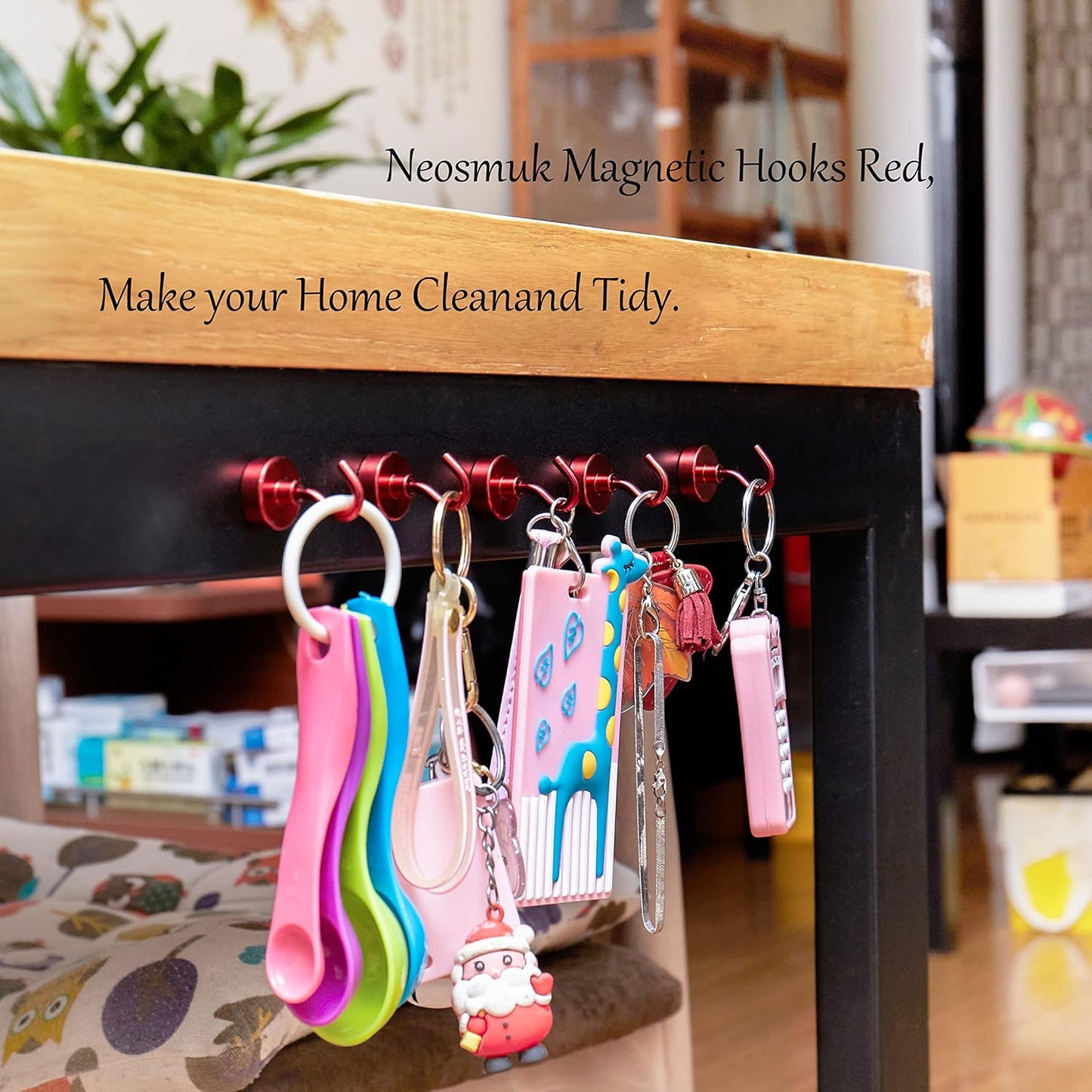 Neosmuk Magnetic Hooks,Heavy Duty Earth Magnets with Hook for Refrigerator, Extra Strong Cruise Hook for Hanging, Magnetic Hanger for Cabins, Grill (Red, Pack of 4)