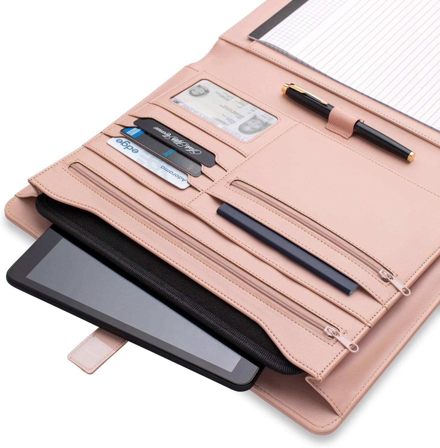 Padfolio Binder Organizer for Women | Faux Leather Portfolio Folder for Resume, Documents, Notebook, Tablet and Business Cards | Notepad Included - Pink with Gold Edge