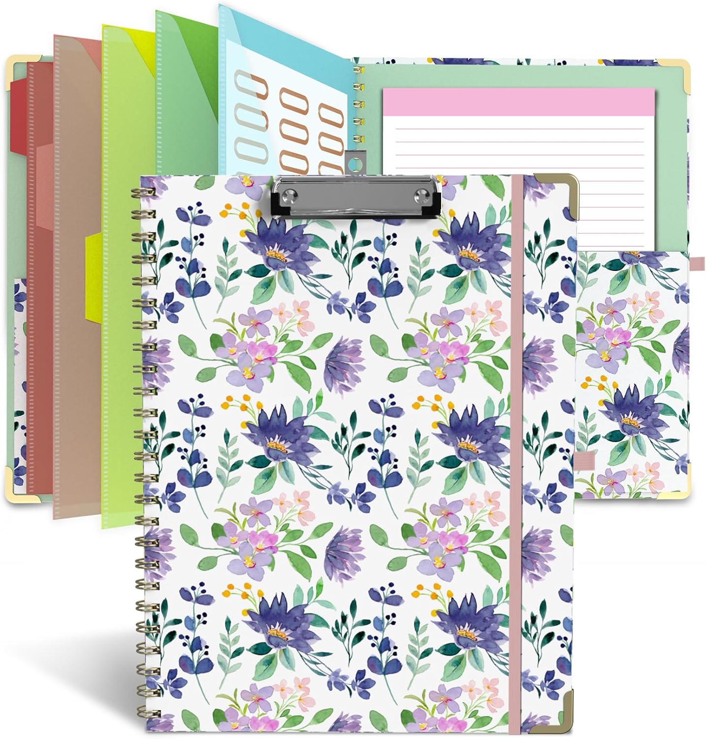 Foldable Clipboard Folio with Storage, 5 Plastic Folders with 10 Pockets,Refillable Lined Notepad (11" x 8.5"), Hardcover Project Organizer Nursing Teacher School Essentials(Purple Florals)