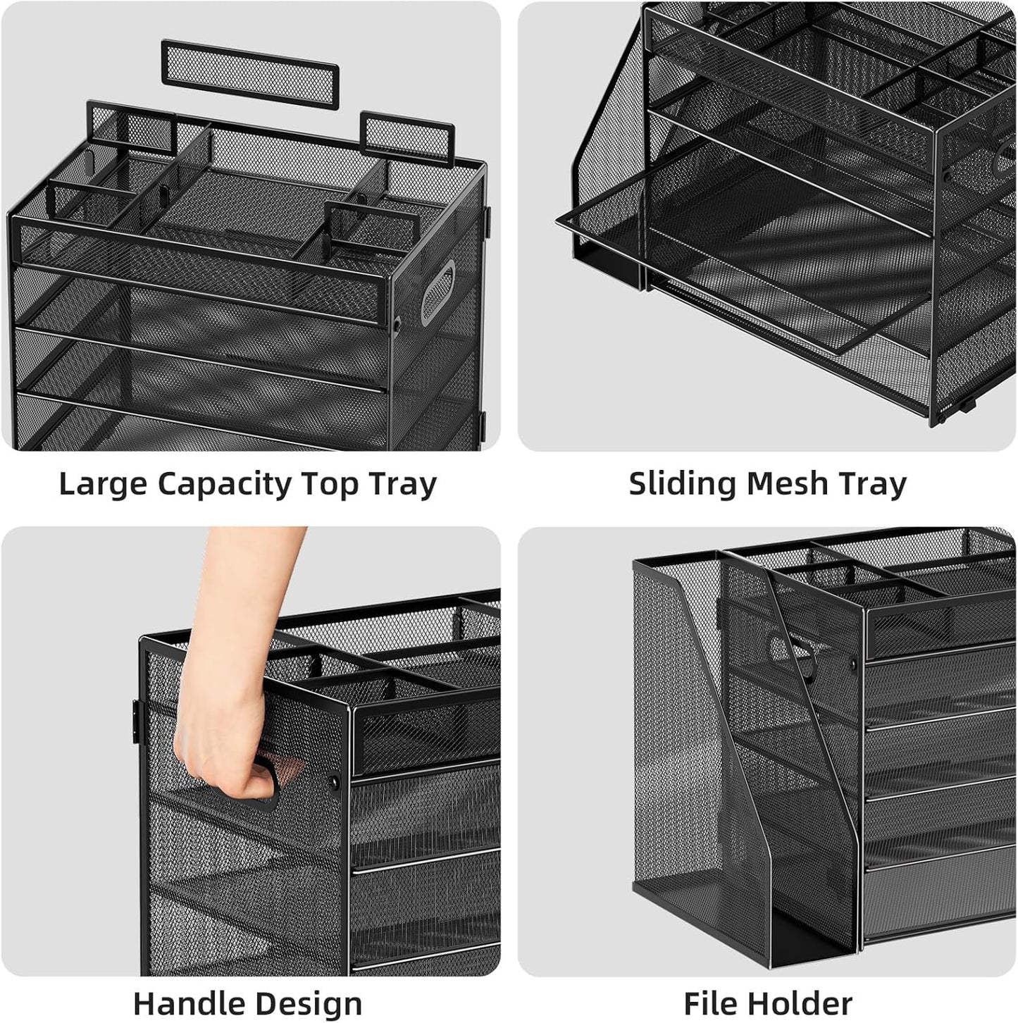 Marbrasse 5-Tier Desk Organizer with File Holder,Paper Letter Tray Organizer,Desktop File Organizer with Adjustable Compartments,Mesh Desk Organizers and Accessories for Office Supplies,Black