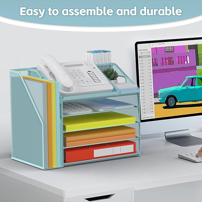 DocNest 5 Tier Paper Letter Tray File Organizer, Mesh Desk File with Handle, Workspace Desk Organizers with Pen Holder, Office Organization Storage Accessories - Blue