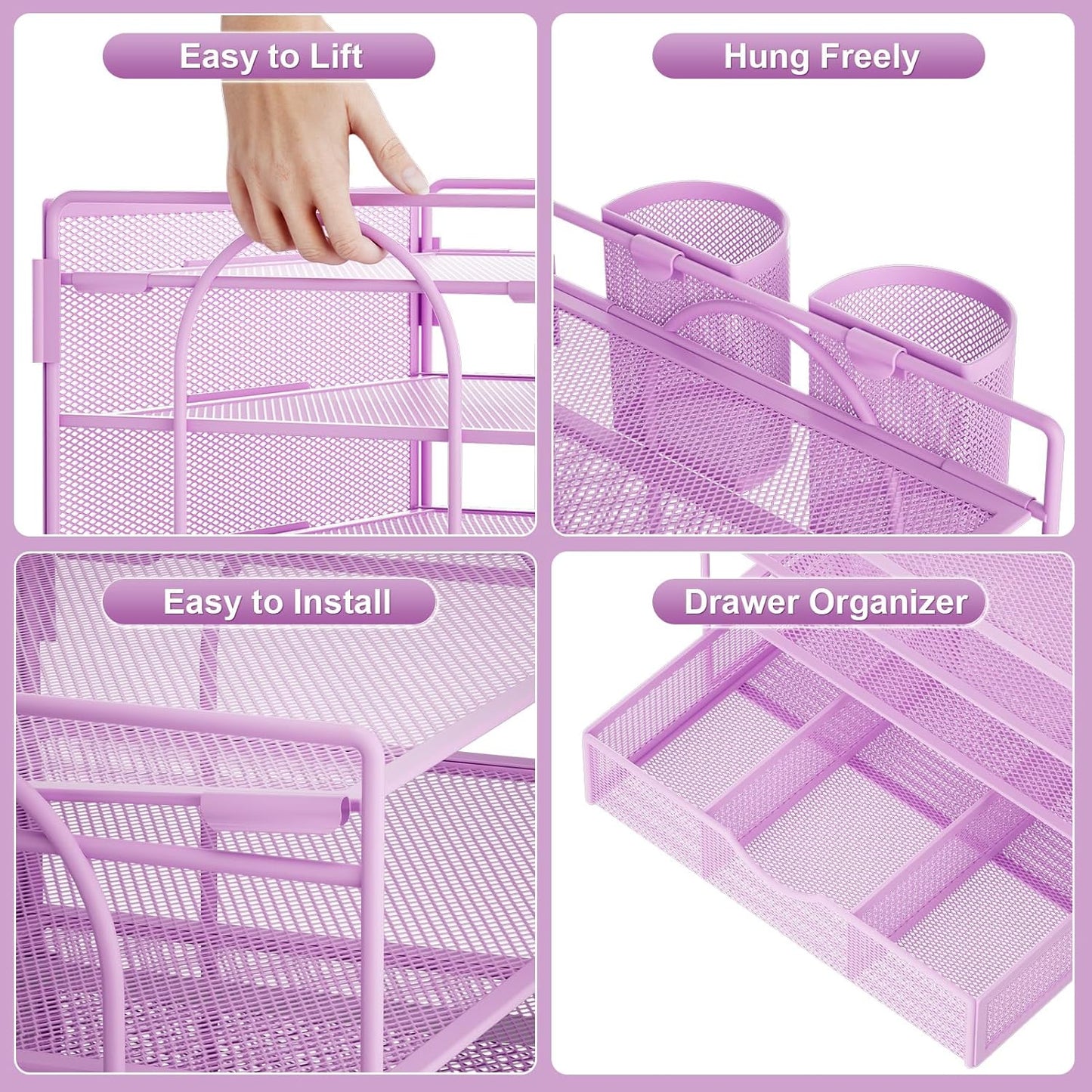 Marbrasse 4-Trays Desk File Organizer with 2 Pen Holder, Desktop Hanging File Holder with Drawer, Paper Letter Tray Organizer (Purple)