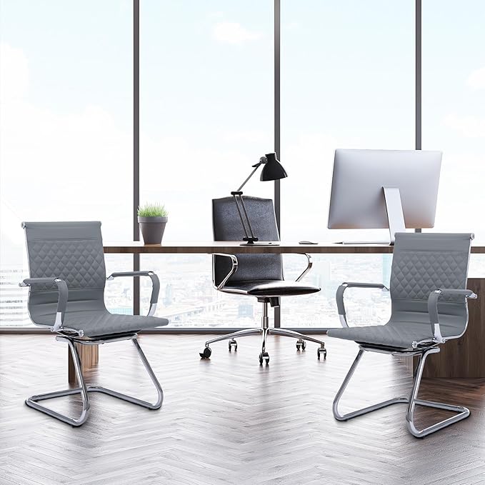 Office Guest Chairs - Set of 8 Mid Back, Modern PU Leather Desk Chairs for Reception & Conference Rooms, Grey