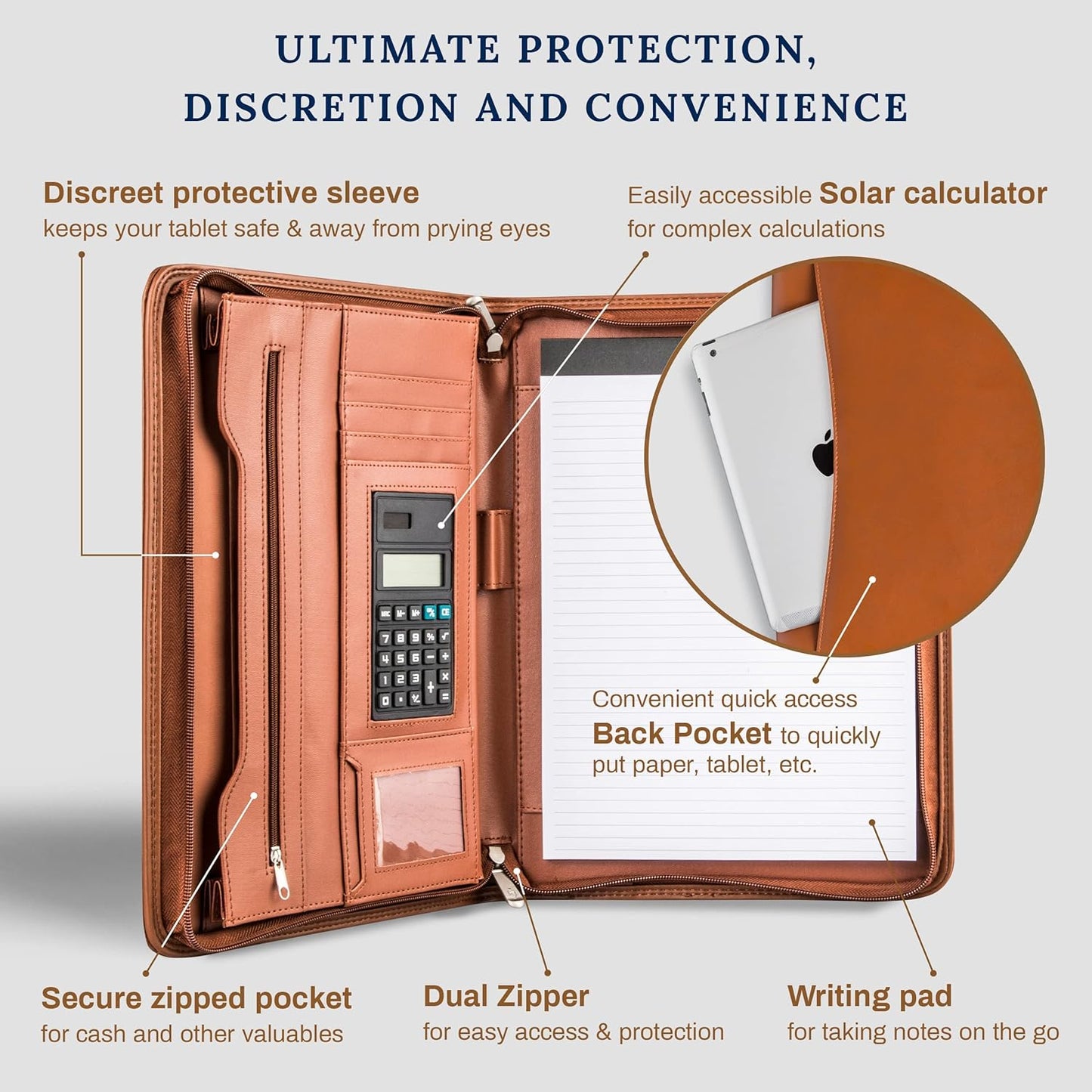 Cossini Premium Business Portfolio with Zipper – Padfolio - Superior Business Impressions Begin with PU Vegan Leather, 10.1 Inch Tablet Sleeve, Smart Storage, Solar Calculator, Writing Pad - Tan