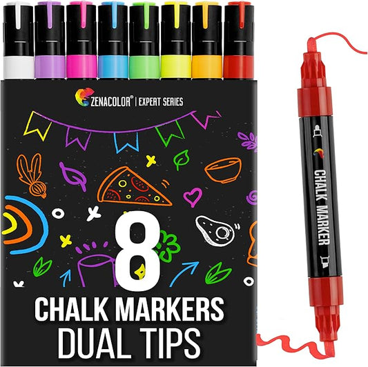 Zenacolor Liquid Chalk Markers - Dual Tips, 8 Vibrant Colors, Non-Toxic, Quick-Drying, Erasable for Blackboard, Windows, Glass, Cars - 24 Labels Included