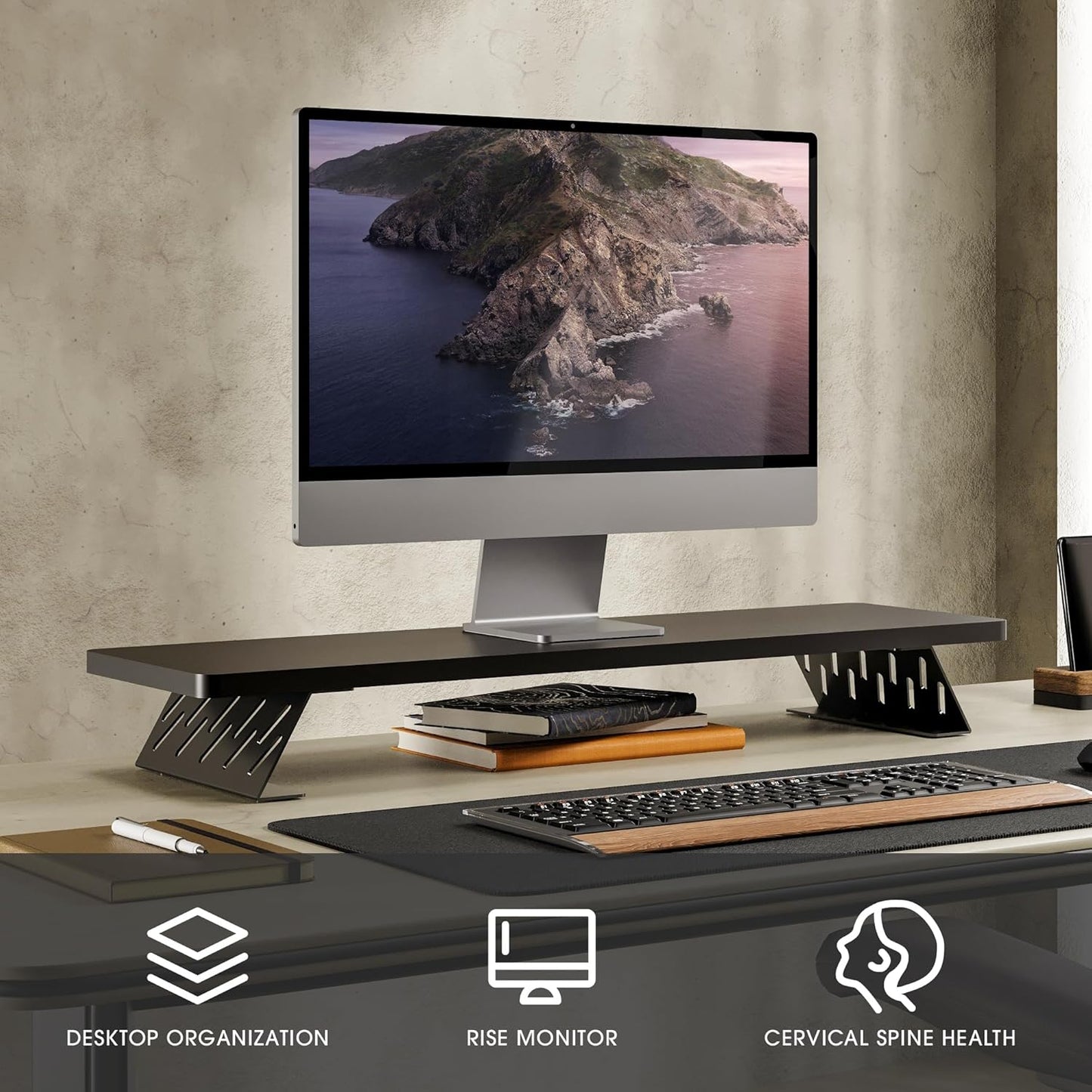 Fenge Monitor Stand Riser, Desk Top Shelf for 2 Monitors, Computer Stands for Desk, Wood & Steel Desktop Riser for Laptop, PC, Printer