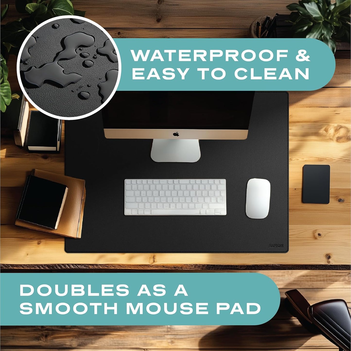 Leather Desk Mat Cable Organizer 23.6" x 17" | Premium Black Vegan Leather Desk Protector Blotter Mouse Pad with Felt Non Slip Bottom for Home Office