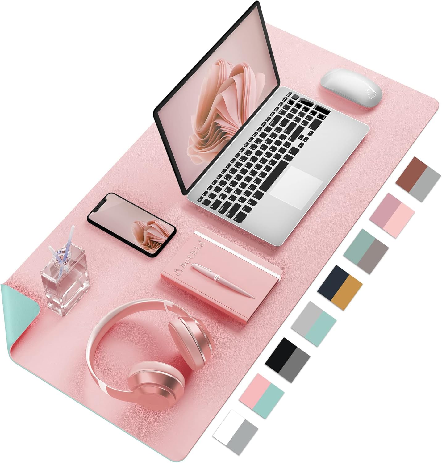 Aothia Double-Sided PU Leather Desk Pad - Non-Slip Large Mouse Pad & Desk Mat for Office, Home - Waterproof, Easy to Clean, Durable Dual-Sided Surface (23.6"x13.7", Pink)