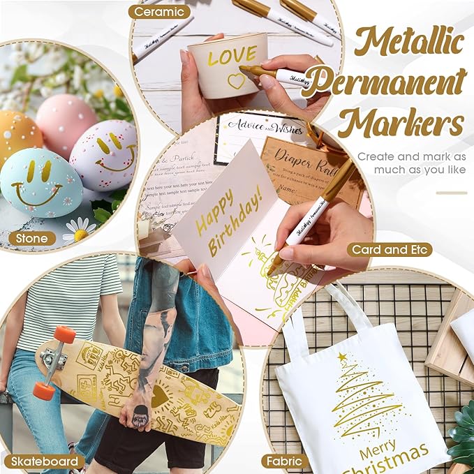12 Pcs Metallic Permanent Markers Bulk Gold Silver Pens Fine Point Metallic Paint Markers for DIY Crafts, Gift Card Making, Artist Illustration (Gold)