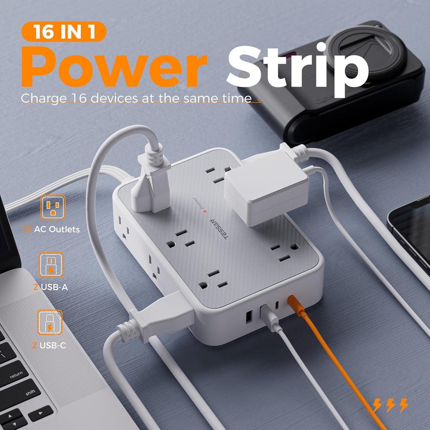 TESSAN 15 ft Extension Cord Surge Protector Power Strip, 12 Outlet Extender with 4 USB (2 USB C), 1800 Joules Protection, Flat Plug, Flat Extension Cord with Multiple Outlets, for Home, Office, Dorm