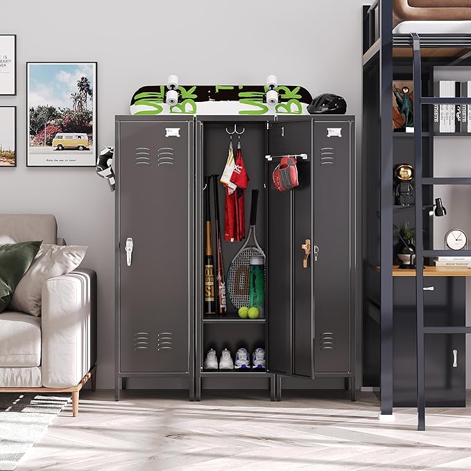 Aobabo Metal Storage Locker with Handle Lock, 54" H Steel Locker with Metal Hooks and Adjustable Shelf for School, Home, Office, Playroom, Assembly Required, Black