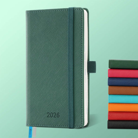 Weekly Monthly 2026 Planner (Jan.26-Dec.26),6.5"x3.75",12 Months Agenda Plan with Month Tabs & Pocket,Expenses/Note Pages, Appointment Book Calendar with Hardcover Vegan Leather Cover,Green