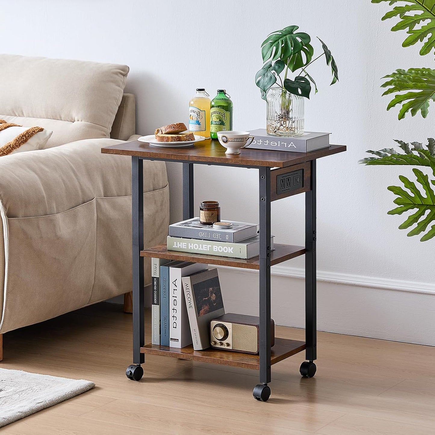 Lerliuo 3-Tier Printer Stand with Charging Station, Industrial Mobile Printer Table with Storage Shelf and Steel Frame, Rolling Printer Cart Holder with Lockable Wheels for Home, Office (Brown)