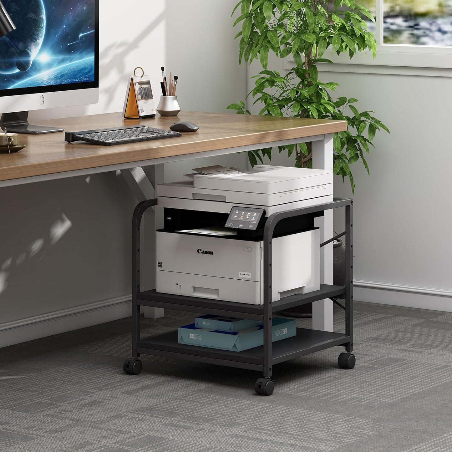 2 Tier Under Desk Printer Stand with Storage, 20 Inches Deep Large Printer Table with Height Adjustable Shelf, Rolling Printer Cart with Wheels for Home Office - Black