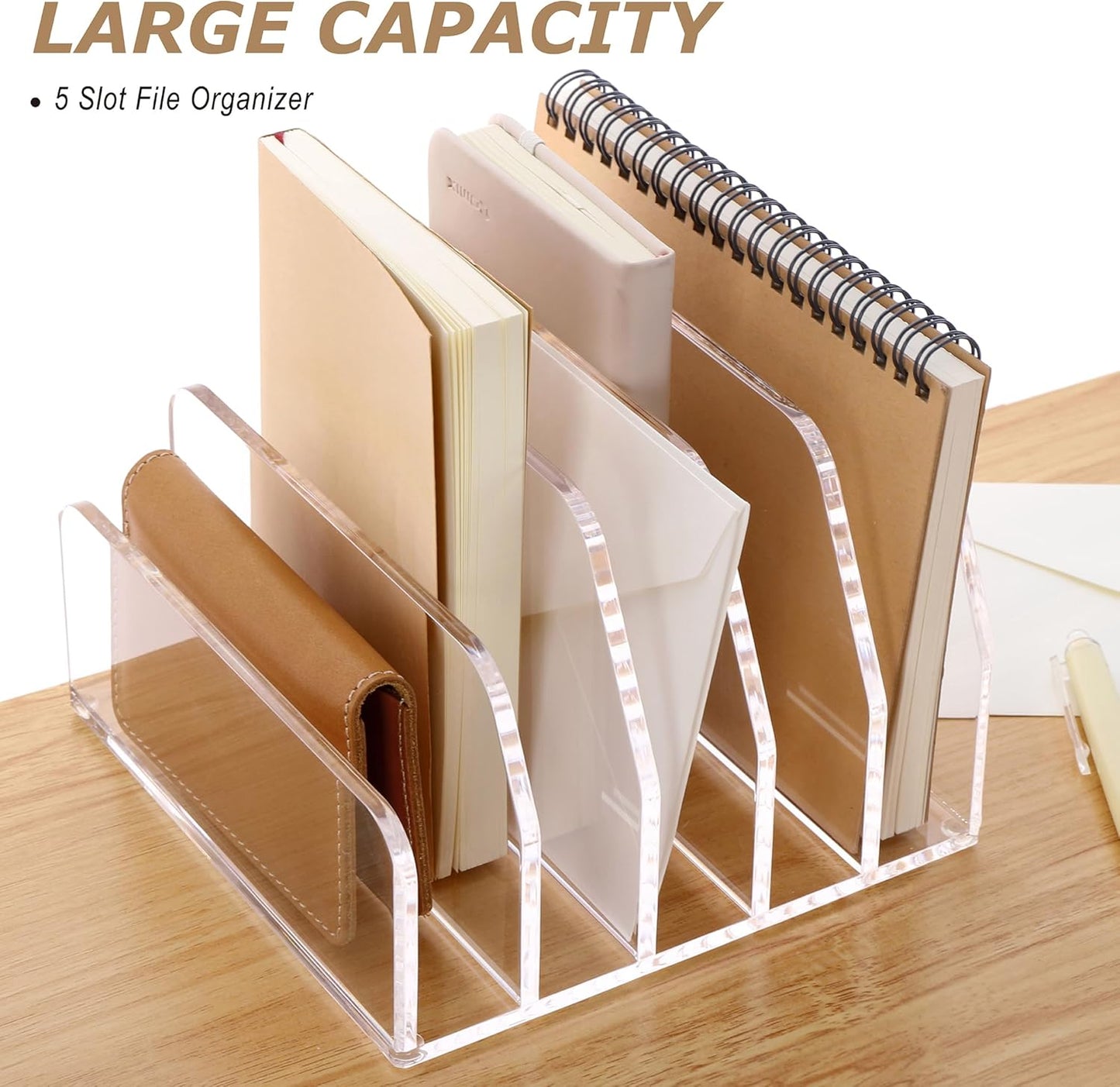 SANRUI Acrylic Desk Mail Organizer Sorters, Clear 5 Upright Compartments Laddered Desktop File Letter Holder, Multifunction Envelope Vertical Folder Racks Document Holders for Office, Home, School