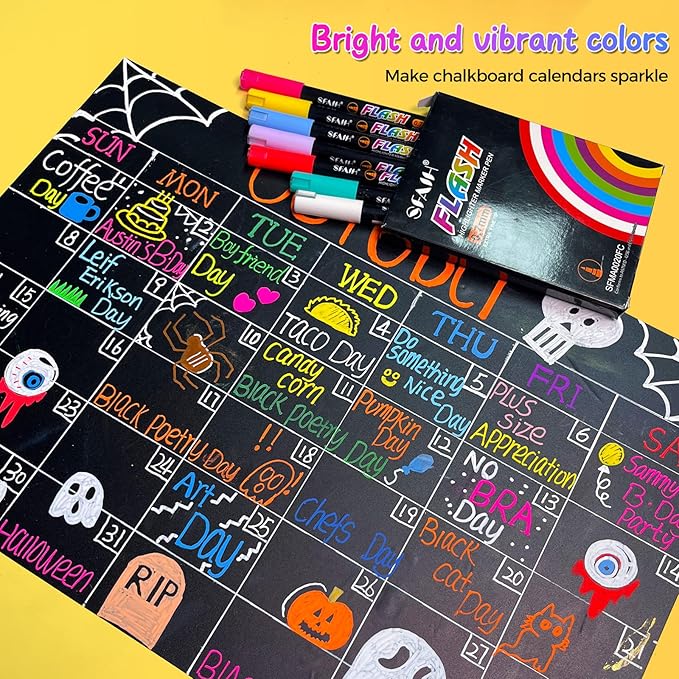 SFAIH Fine Tip Liquid Chalk Markers for Bhalkboard [1-Second Wet Wipe], 0.7-1mm 24 Colors [Neon+Pastel+Metallic], Chalk Pens for Chalkboard, Calendar, Windows, Glass, Includes Highlighter Color Marker