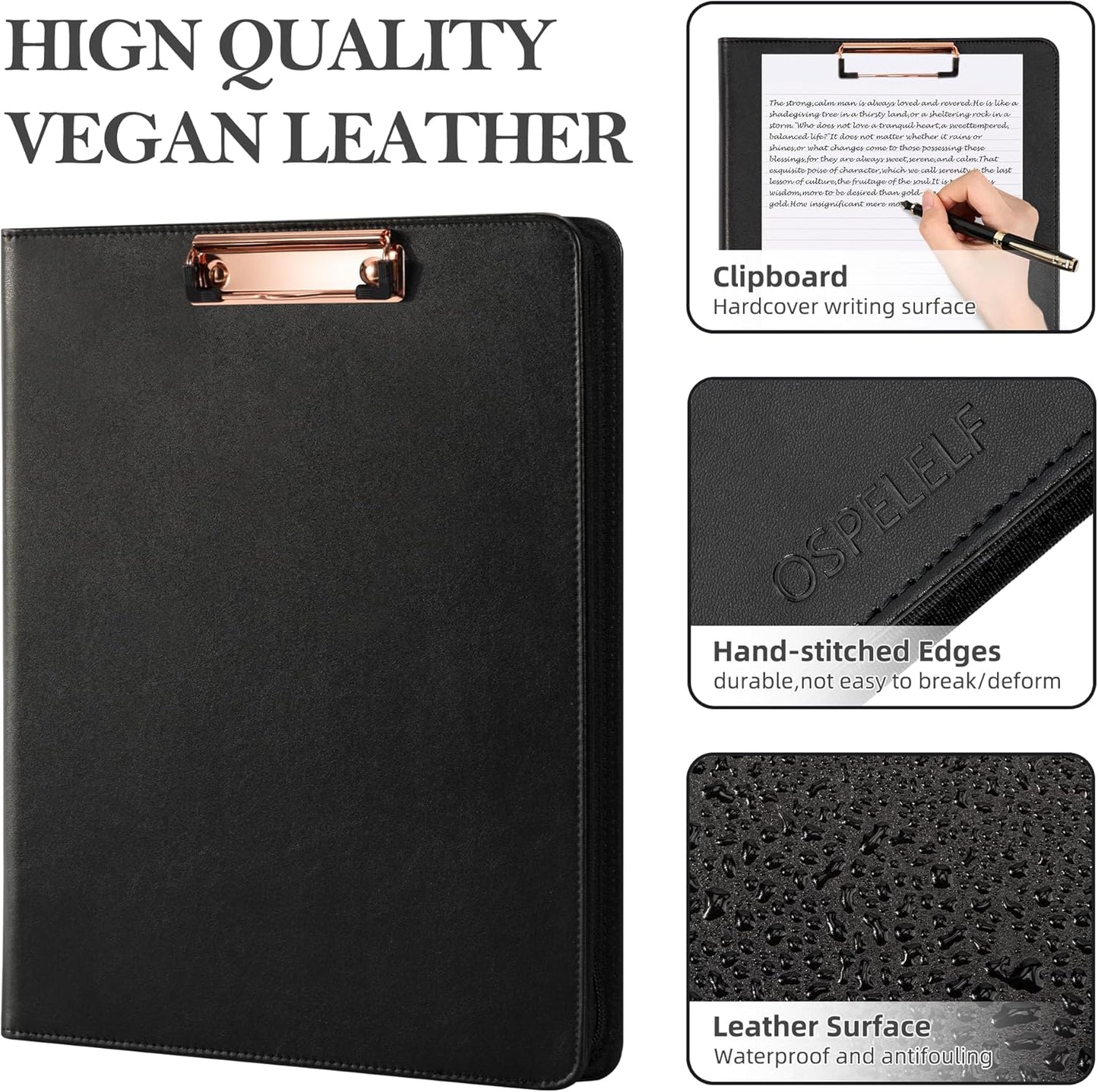 Ospelelf Zippered Padfolio Portfolio Folder, Leather Clipboard with Storage, 3 Ring Binder 1 Inch,12.1” Tablet Sleeve, 5 Dividers with Pocket, Refillable Notepad, Card Slot (Classic Black)