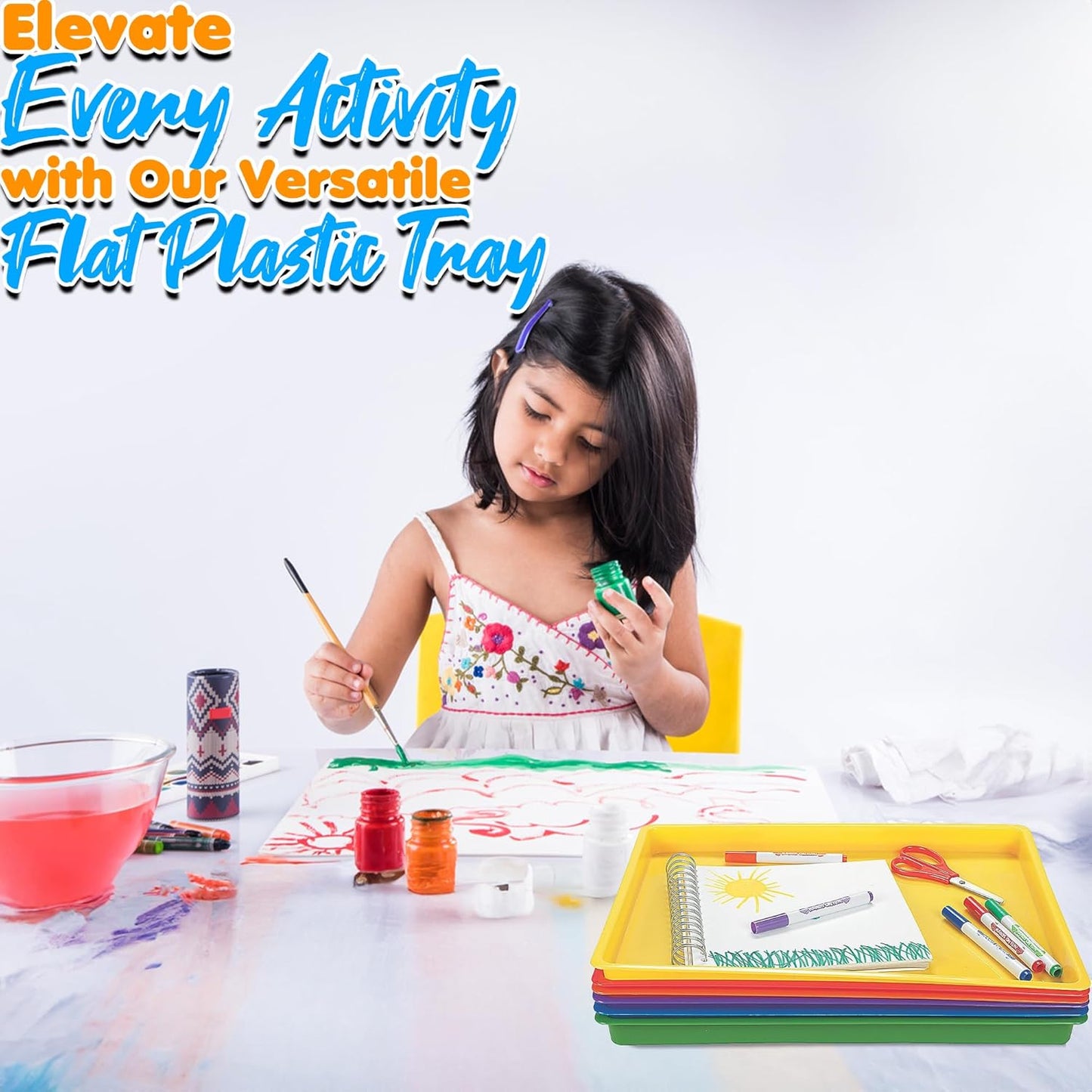 Fun Express Flat Plastic Tray - Plastic Trays for Engaging Art and Play - Long-Lasting Educational Trays for Active Kids - Great for School - Red, Yellow, Orange, Green, Blue, Purple (Set of 6)