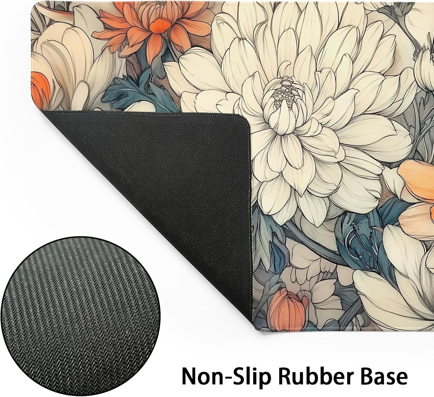 Minimalist Floral Gaming Mouse Pad XL White Orange Aesthetic Flowers Japanese Extended Large Mat Mousepad Desk Pad Non-Slip Rubber Base Stitched Edge Long Keyboard Pad for Computer,31.5×11.8 Inch