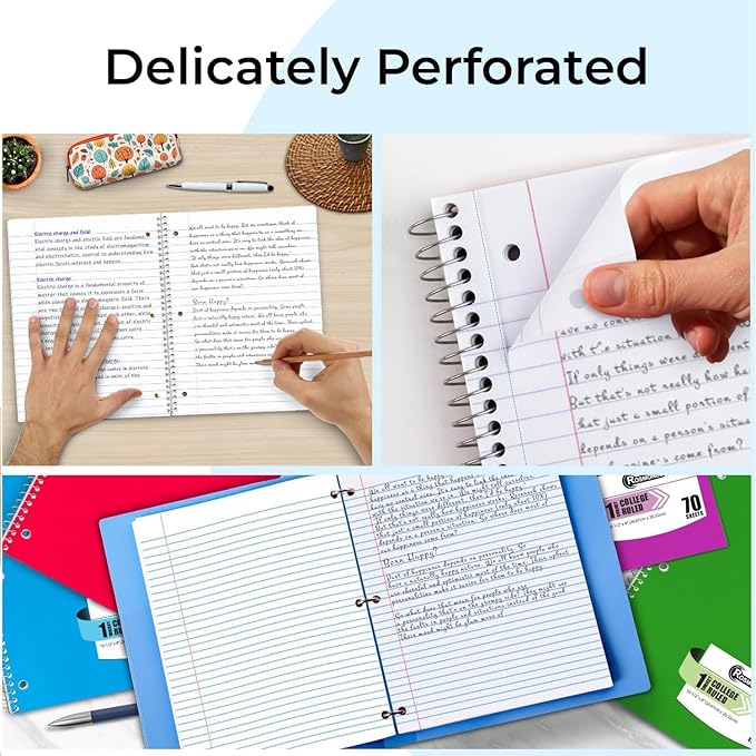 Spiral Notebook, 24 Pack, 1 Subject, College Ruled, 70 Sheets, 8 x 10-1/2",Bulk College Ruled Spiral Notebook for School, 3 Hole Punched, Single Subject Spiral Notebook Bulk, Assorted Colors
