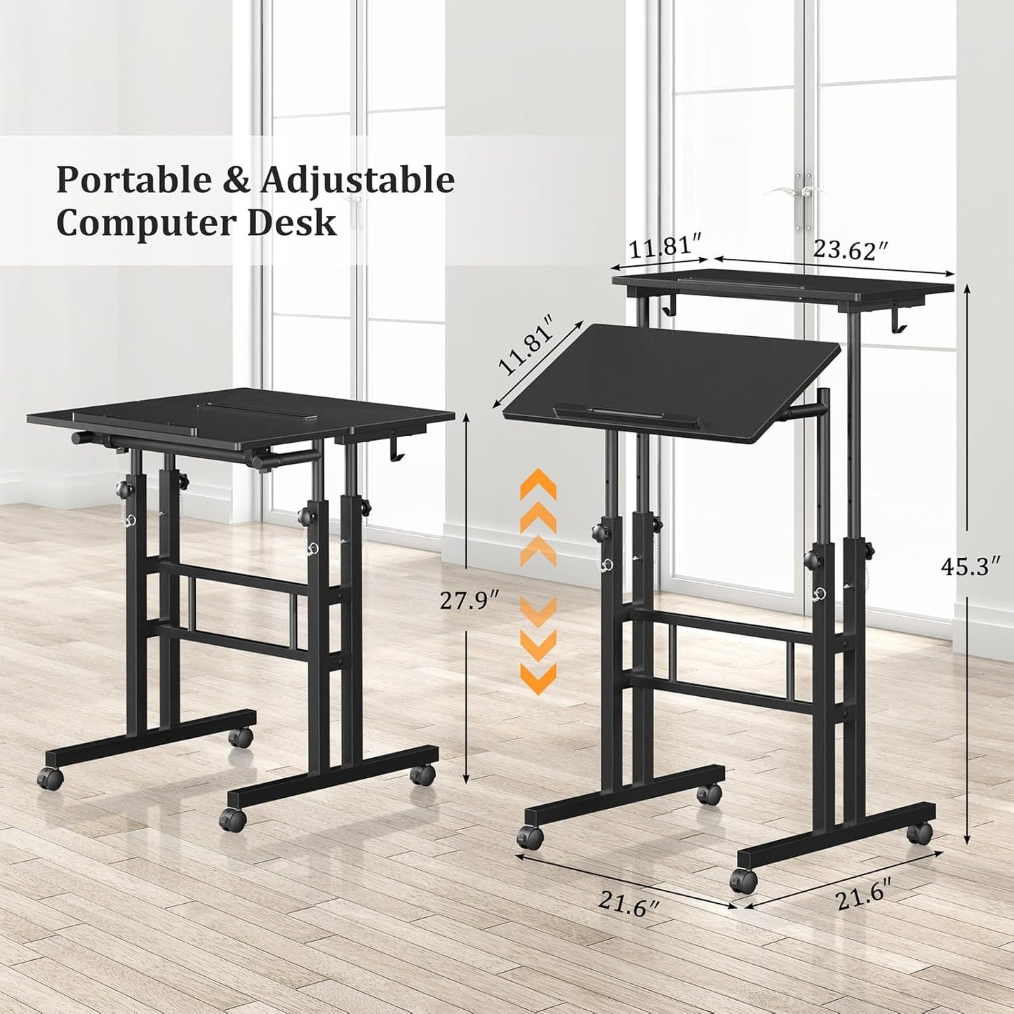 Small Standing Desk with Wheels, Mobile Stand Up Desk, Portable Standing Table on Wheels for Walking Pad, Rolling Computer Desk Adjustable Height, Tall Table