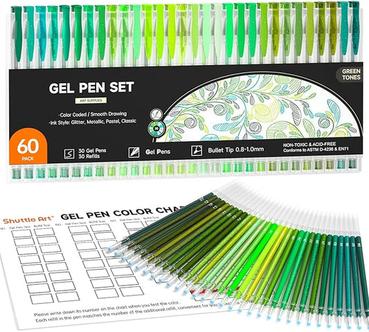 Shuttle Art 60 Pack Green Tone Gel Pens, 30 Green Tone Gel Pens with 30 Refills for Adults Coloring Books Journaling Drawing Nature, Landscapes, Animals Scenes