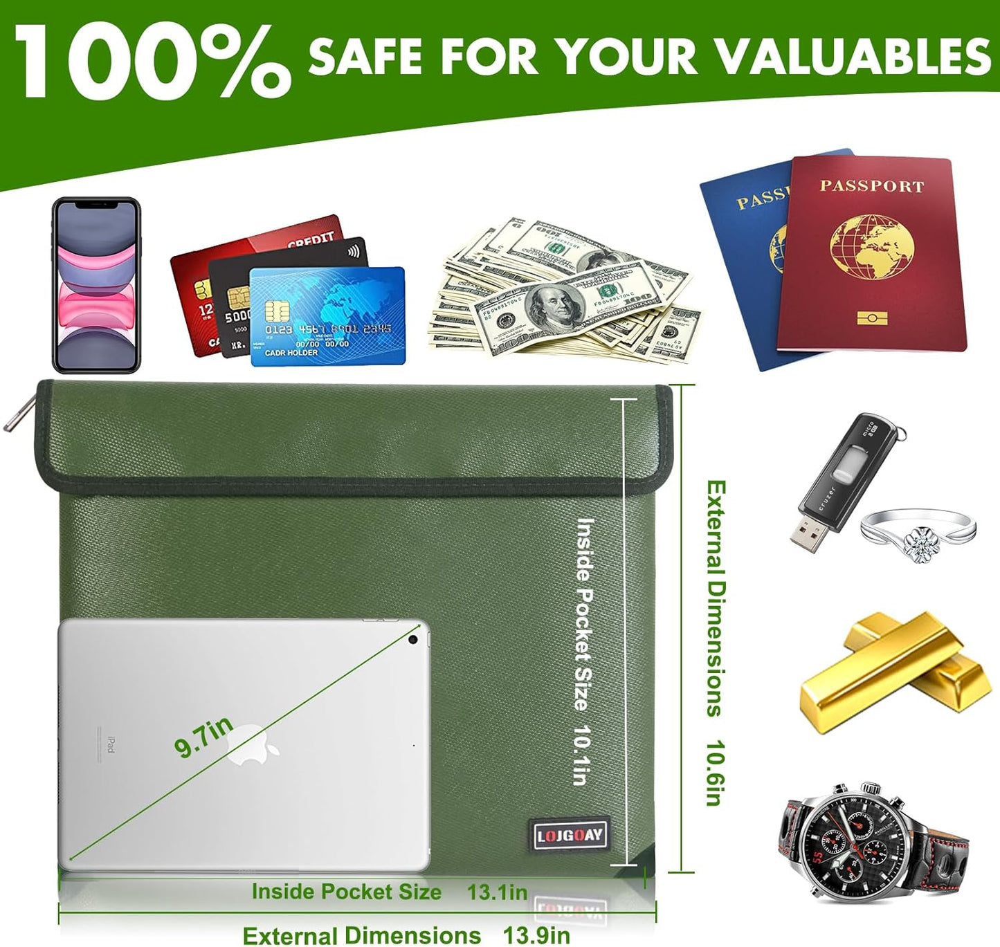 Waterproof Fireproof Document Bag - 5200°F with Heat Insulated, fireproof bags with Zipper, Fire Safe Envelope Bag for Cash/Important Documents/Valuables, fire proof money bag (Green, 13.9"x10.6")