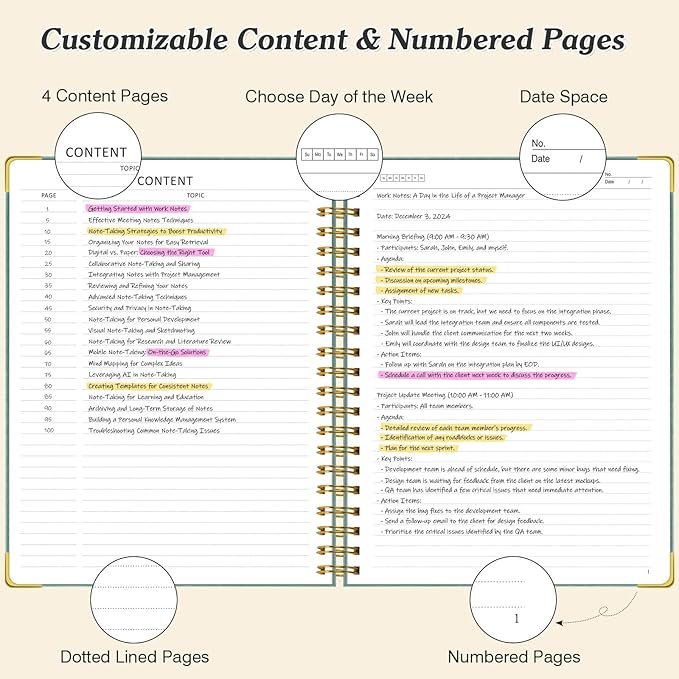 Spiral Notebook 8.5" x 11", 300 Numbered Pages Notebooks College Ruled with Tabs, Hardcover Leather Lined Journal for Women Men, 100GSM Thick Journals for Writing, Large A4 Notebooks for Work School