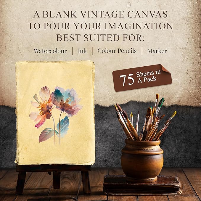 Blank Vintage Handmade Deckled Edge Paper | 75 Sheets of Recycled Cotton Papers, Perfect Sheet for Any Medium, Blank Watercolor Paper Cards, 150 GSM Thick & Acid-Free Antique Paper