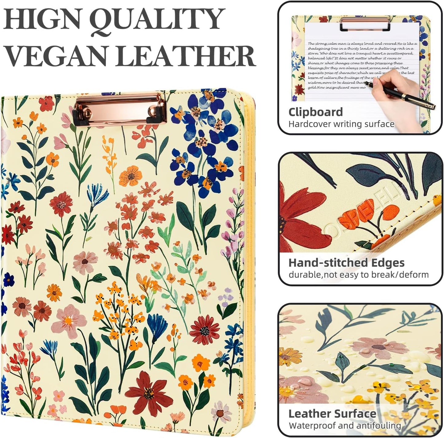 Ospelelf Leather Clipboard Binder with Storage - 3 Ring Zippered Padfolio Portfolio Folder - Calculator, 12.1” Tablet Sleeve, 5 Dividers with Pocket, Refillable Notepad, Card Slot (Floral)