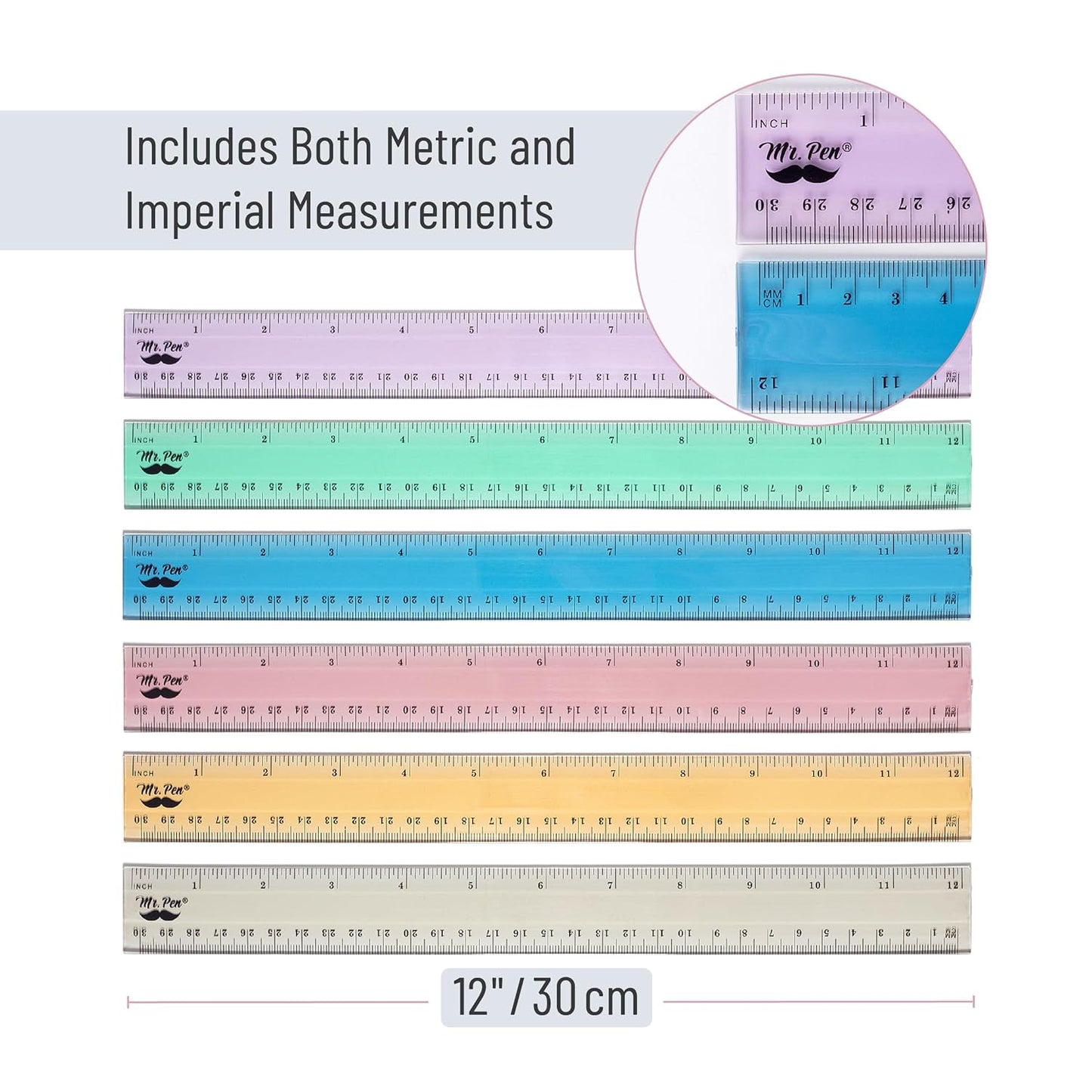 Mr. Pen- Plastic Rulers, 12 Inch, 6 Pack, Morandi Colors, Metric & Imperial, Clear Ruler Set