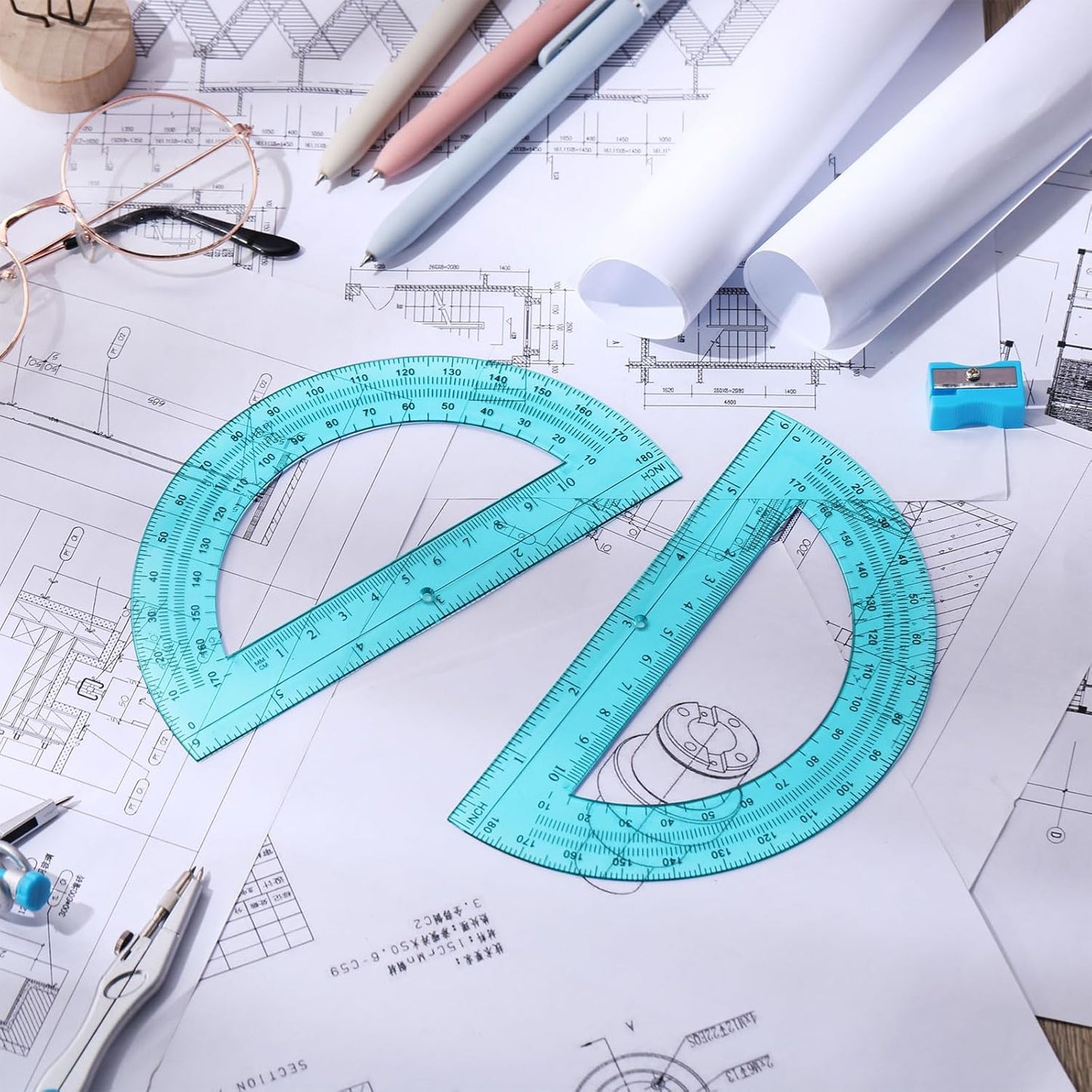 Zonon 2 Pcs 6 Inch Plastic Protractor Math Protractors 180 Degrees Angle Measurement, Translucent for Geometry Classroom Kid Student School Office Supplies(Blue)