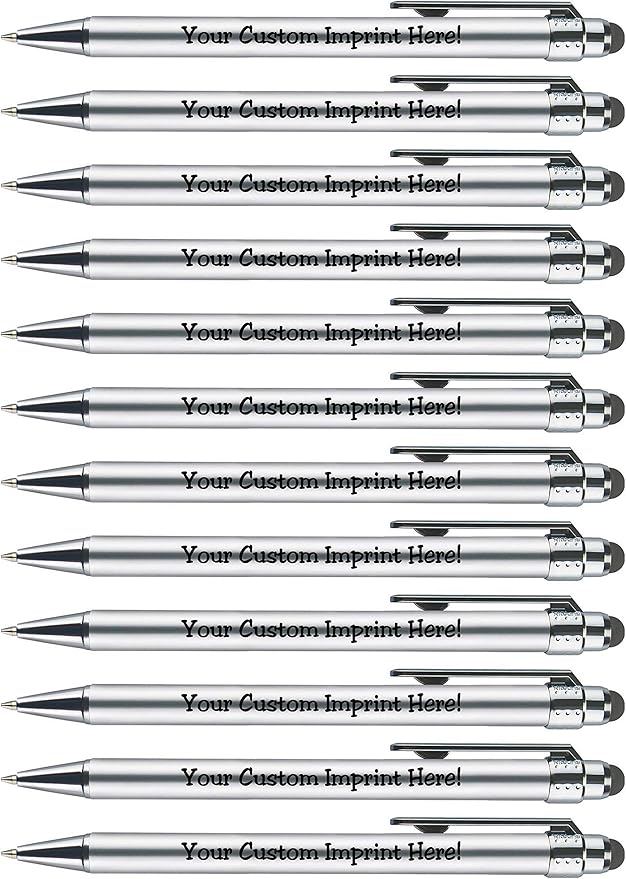 Personalized Pens with Stylus Tip -Bright Vibes- Click action - Custom - Black writing - Printed Name pens - Imprinted with Your Logo or Message - FREE PERSONALIZATION - 12 Pens/Box (Silver)