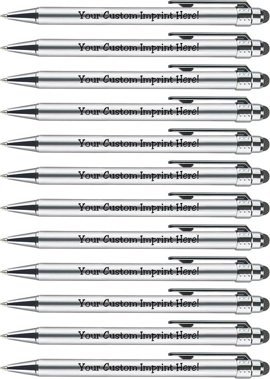 Personalized Pens with Stylus Tip -Bright Vibes- Click action - Custom - Black writing - Printed Name pens - Imprinted with Your Logo or Message - FREE PERSONALIZATION - 12 Pens/Box (Silver)