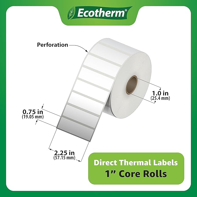 2.25" x .75" Thermal Labels | 4 Rolls | 7120 Labels | fits Zebra, Munbyn, Rollo, Godex, Arkscan, iDPRT, Offnova Thermal Label Printers and More | Blank White Adhesive Stickers by Ecotherm
