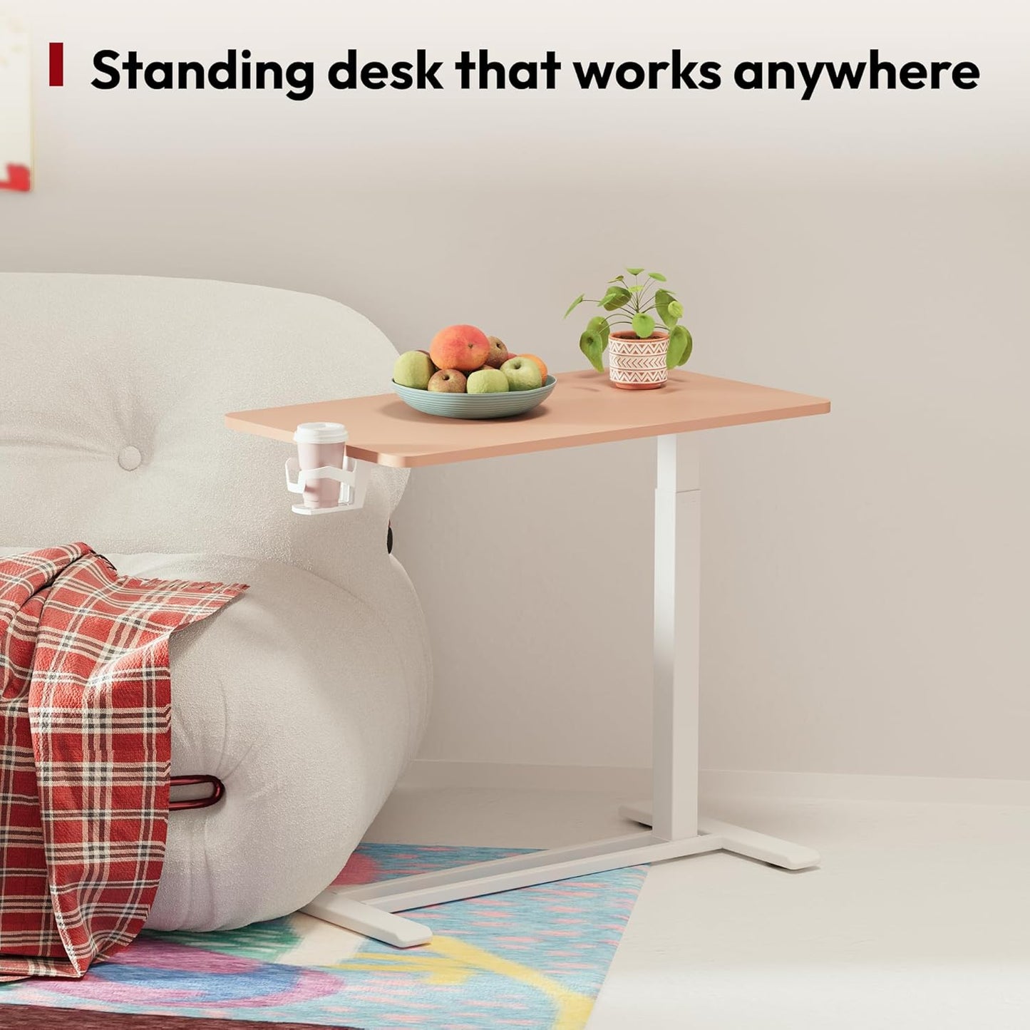 SANODESK Mobile Standing Desk with Hidden Wheels,Pneumatic Laptop Desk Rolling Computer Cart Movable Height Adjustable Small Sit Stand Desk for Home Office(27.6" W x 15.7" D, Pink)