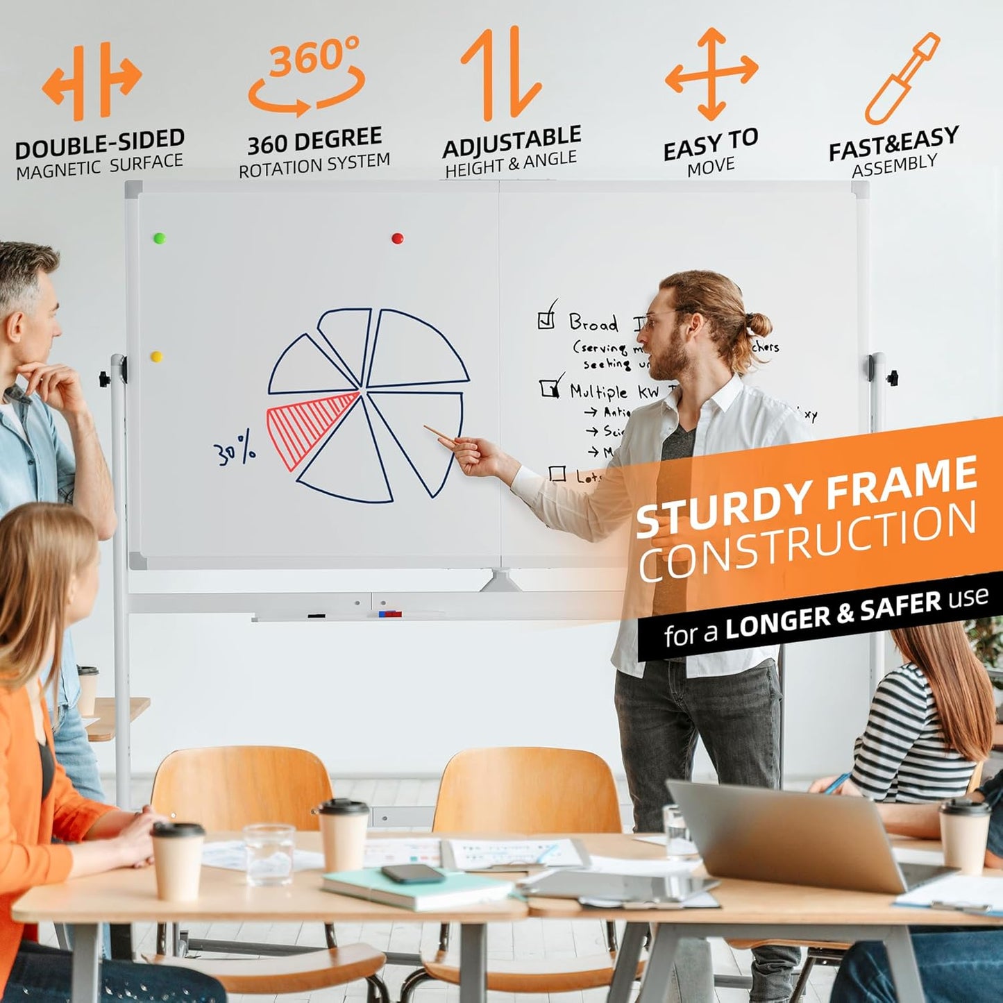 Rolling Whiteboard, 40"x72" White Board with Stands Movable Dry Erase Board on Wheels, Large Double Sided Standing Whiteboard for Office School Classroom Presentation Supplies, Pearl White