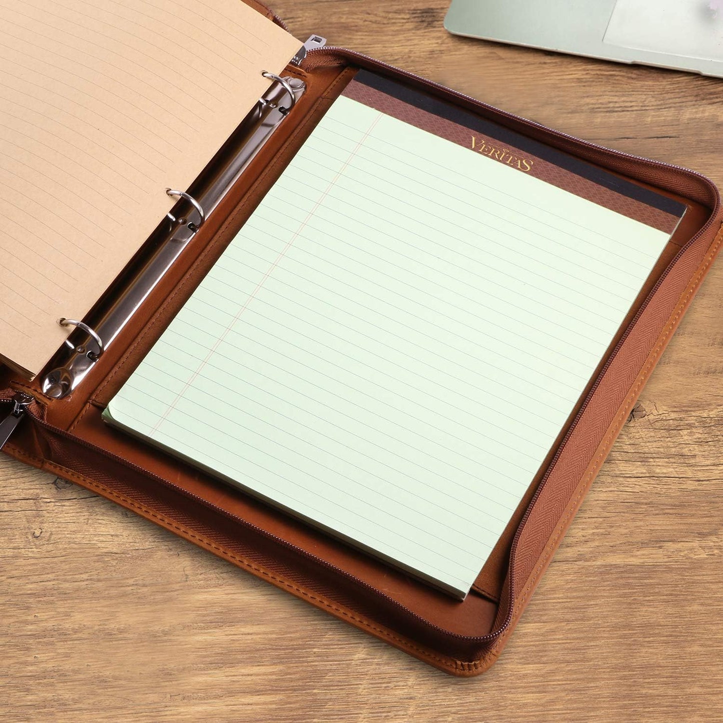 Professional Leather Business Padfolio Portfolio Case, 3 Ring Binder,Zippered Business Document Organizer Tablet Holder Folder Case,with Letter Size Notepad (Brown Upgraded version)