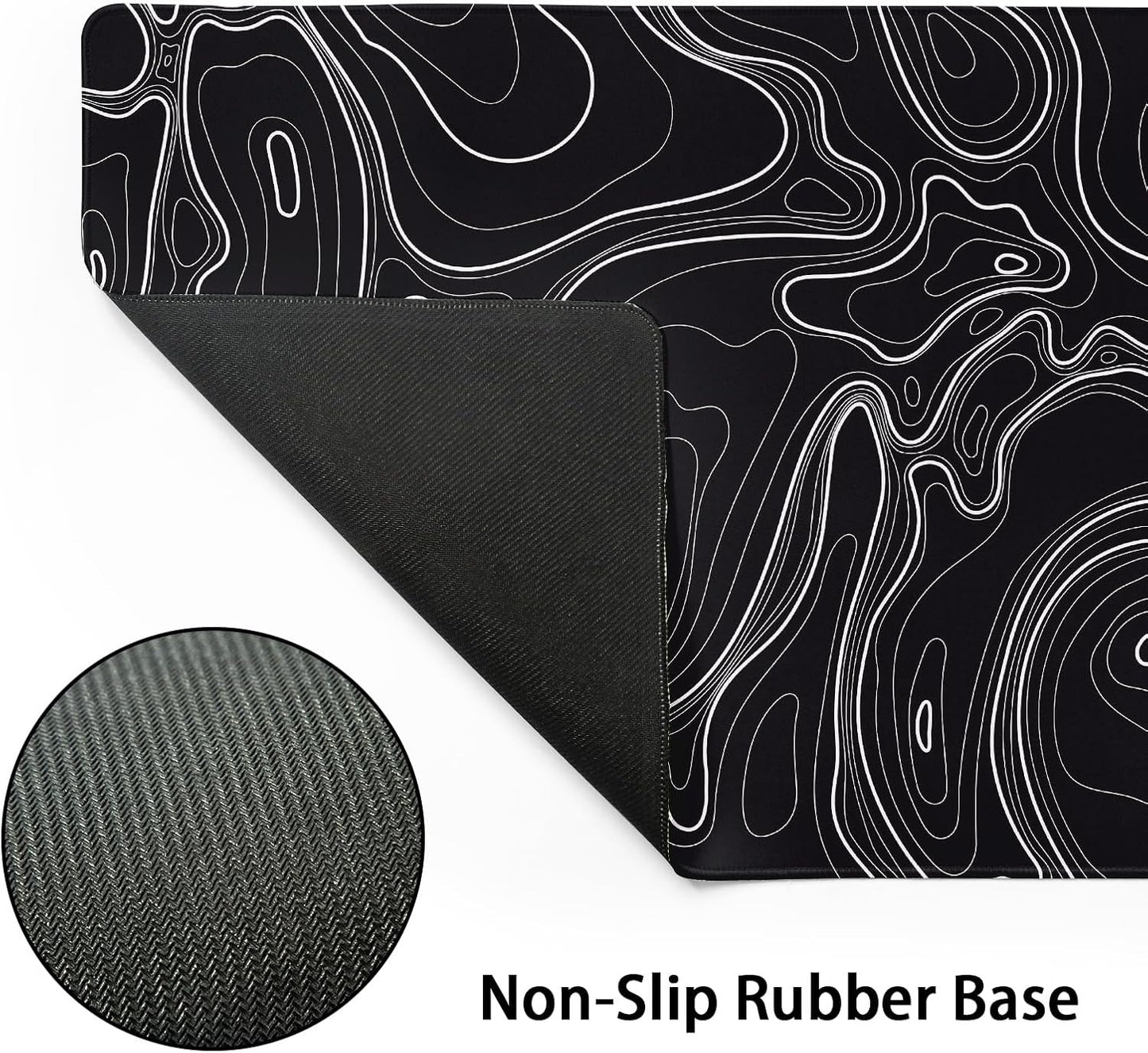 Topographic Map Black Gaming Mouse Pad XXL Minimalist Topo Geographic White Lines Extended Large Mousepad Desk Pad Non-Slip Rubber Base Stitched Edge Keyboard Pad Playmat for Computer,35.4×15.7 in