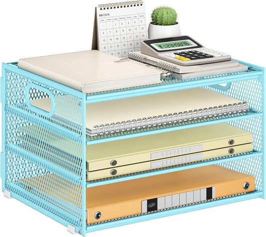 Subekyu Paper Letter Tray Organizer for Desk, Blue Metal Mesh Desk File Sorter Organizer with Handle and 2 Sliding Trays for Home Office School Supplies Organization