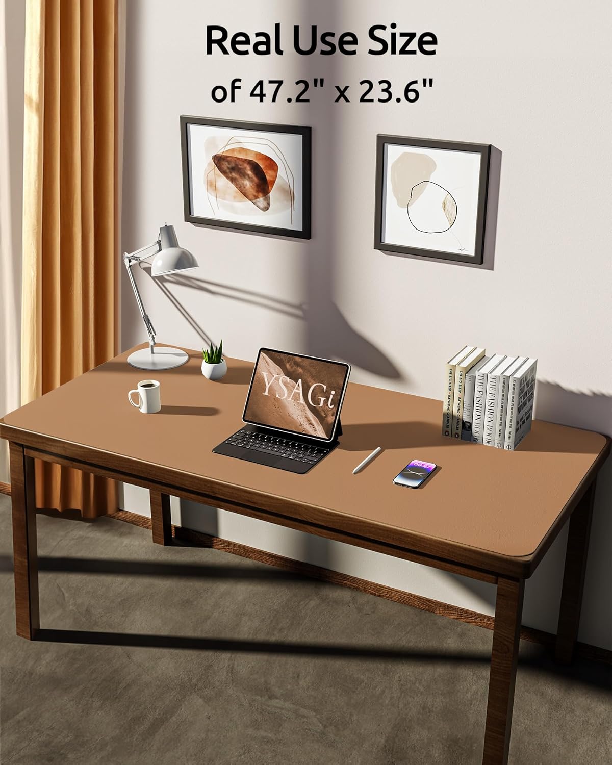YSAGi Leather Desk Protector, Office Mat, Large Mouse Mat, Non-Slip PU Leather Blotter, Laptop Desk Pad, Waterproof Writing Pad for Office and Home (Khaki, 47.2" x 23.6")