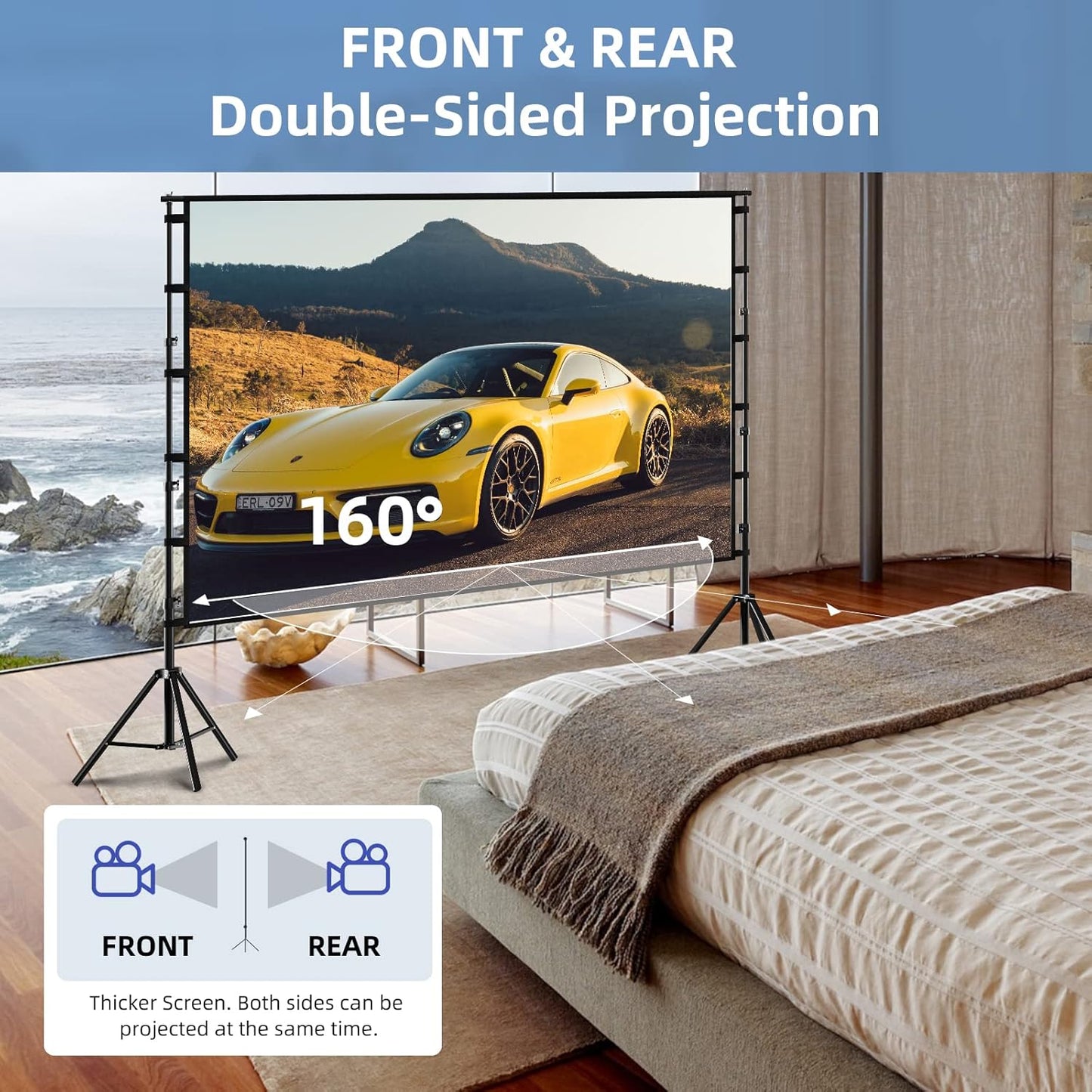 TOWOND Projector Screen and Stand, 120 inch Outdoor Projection Screen, Portable 16:9 4K HD Rear Front Movie Screen with Carry Bag Wrinkle-Free Design for Home Theater Backyard Cinema