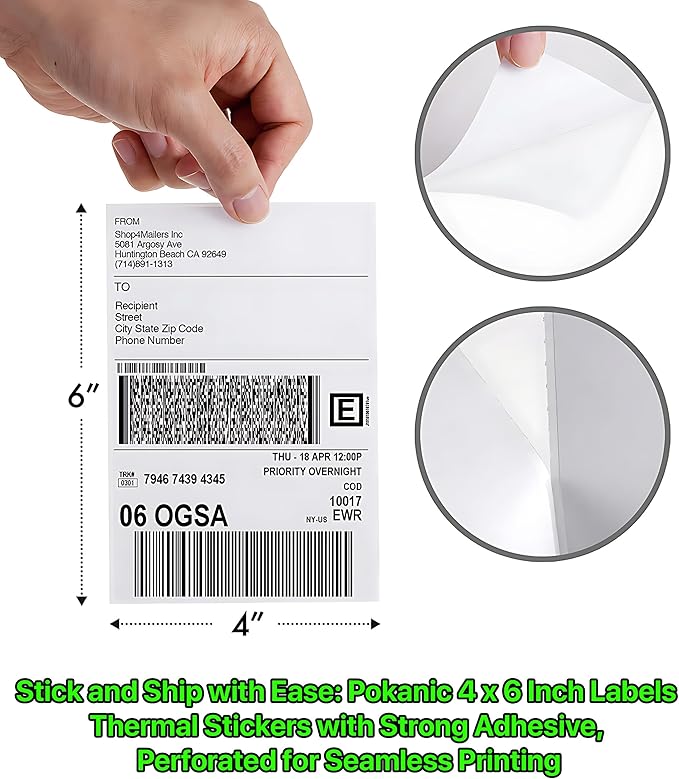 Fanfold 4 x 6 inch Thermal Labels Stack Direct White Strong Adhesive Perforated Postage Shipping Printer Compatible with Zebra SNBC Epson Rollo (6000, Fanfold)