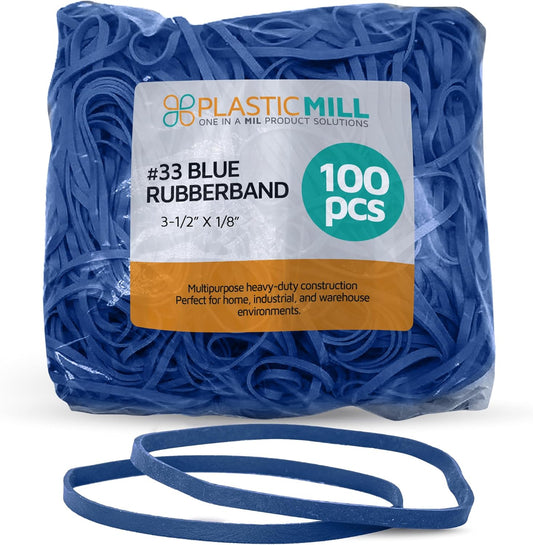 PlasticMill Blue Rubber Bands Size 33 (3 1/2" x 1/8") - #33 Colored Rubber Bands Office Supplies - Strong, Elastic Bands for Crafts, Balloon Garland, Cash, File Folders (100-Pack)