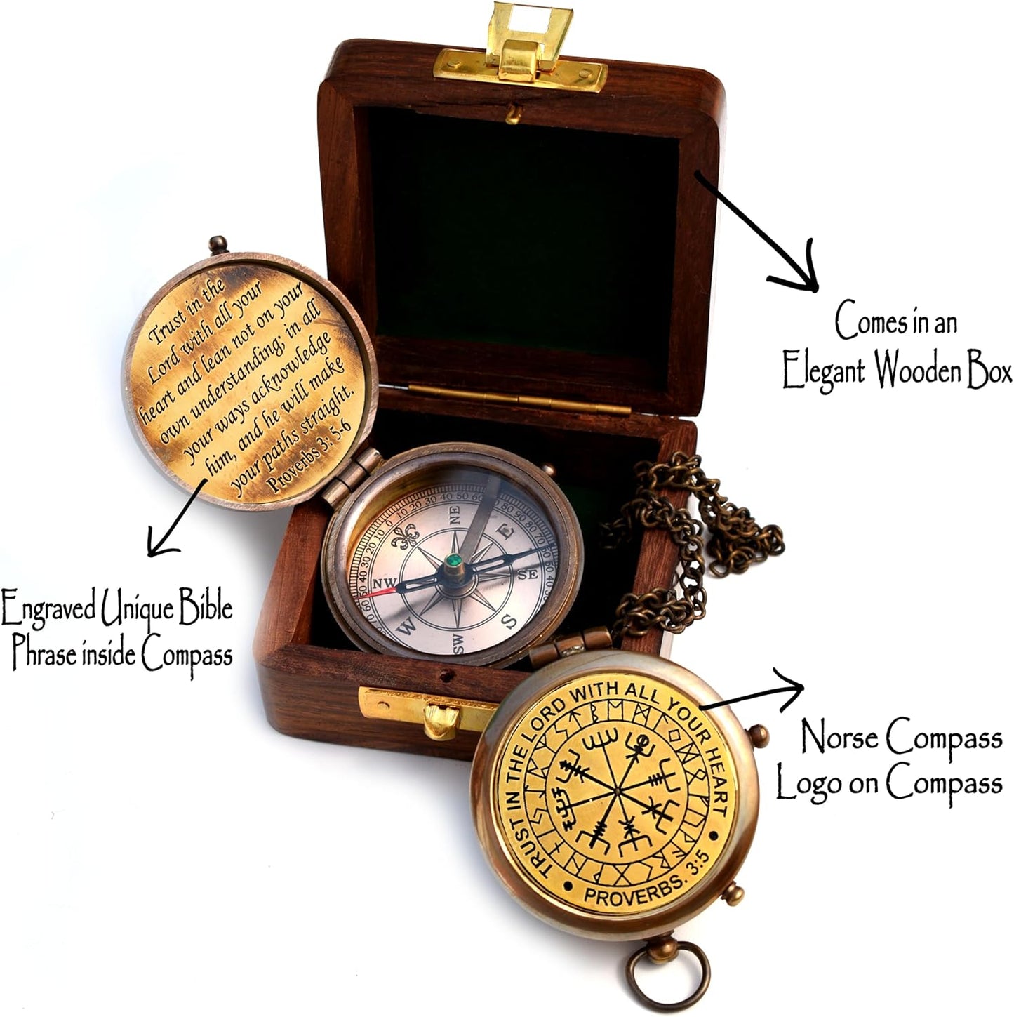 Trust in The Lord With All Your Heart - Proverbs 3:5-6 Quote Engraved Compass With Wooden Box, Greeting Card, Gift Compass, Graduation Day Gifts 2024 for Women Men Boys Girls