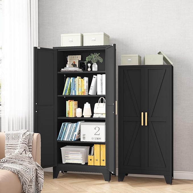 71H Tall Metal Storage Cabinet with 2 Doors and 5 Shelves,Farmhouse Storage Cabinet with Barn Doors,Pantry Storage for Home,Office,Bathroom,Dining Room,Kitchen(Black)