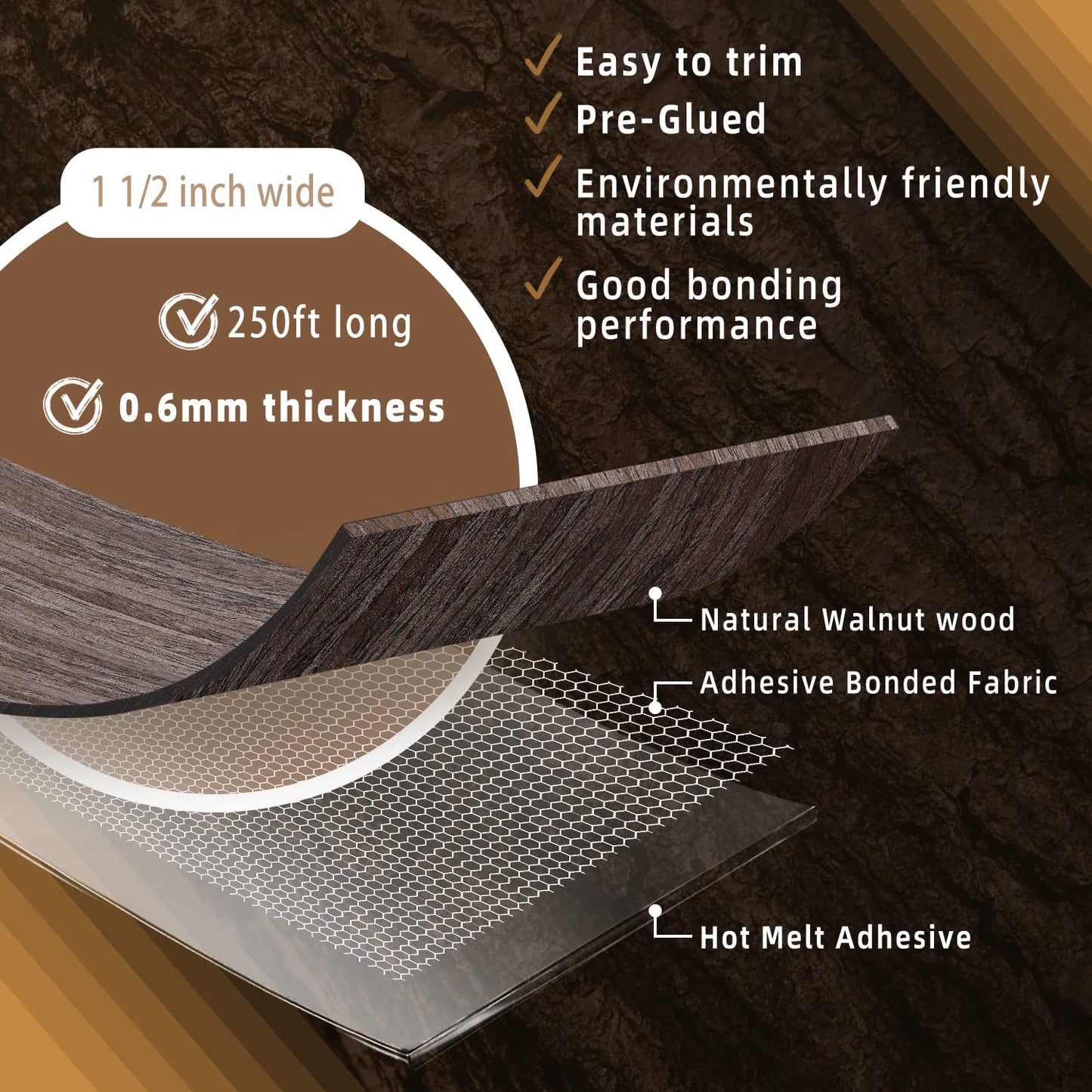 GSCIT Club Walnut Edge Banding, 1 1/2 inch x 250ft roll of Veneer Plywood Edge Banding Preglued Flexible, Wood Tape Banding for Cabinet Repair