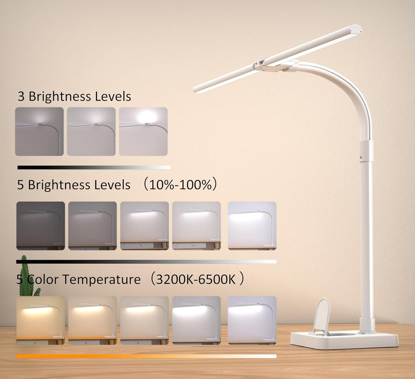 Double Head LED Desk Lamp, Architect Desk Lamps for Home Office, 24W Brightest Workbench Office Lighting-5 Color Modes and 5 Dimmable Eye Protection Modern Desk Lamp (White-Desktop, Big)