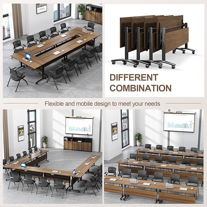 Folding Conference Room Table, Modern Conference Tables with Wheels, Large Rectangular Mobile Training Tables for Office Classroom, Foldable Modular Boardroom Seminar Table Walnut (4pack L70.9in)