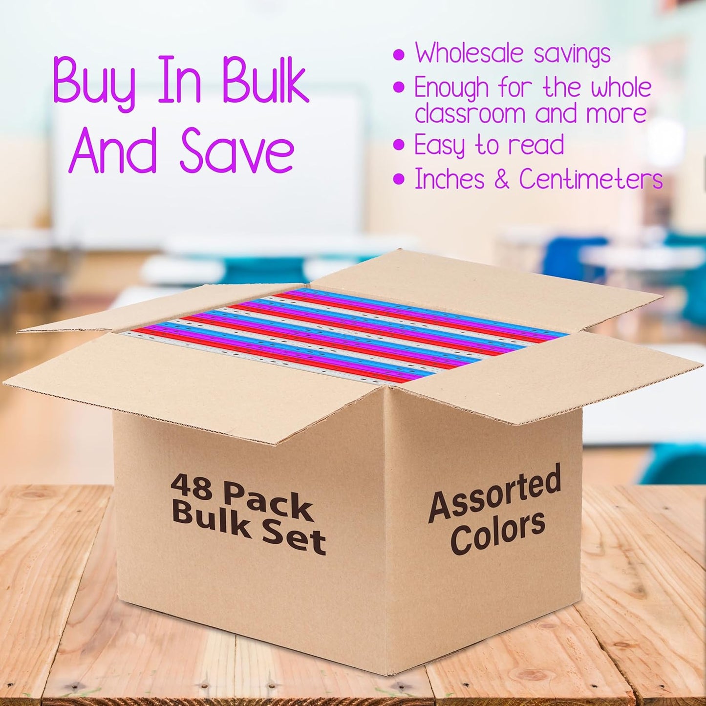 Rulers Bulk for Classroom (48 Bulk Pack) Plastic Ruler 12 Inch, Ruler with Centimeters and Inches, Bulk School Supplies Wholesale, Assorted Colors (48 Pack)